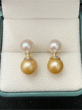 South Sea Golde Pearl and Akoya White Pearl Double Earrings Studs 18kp Silver